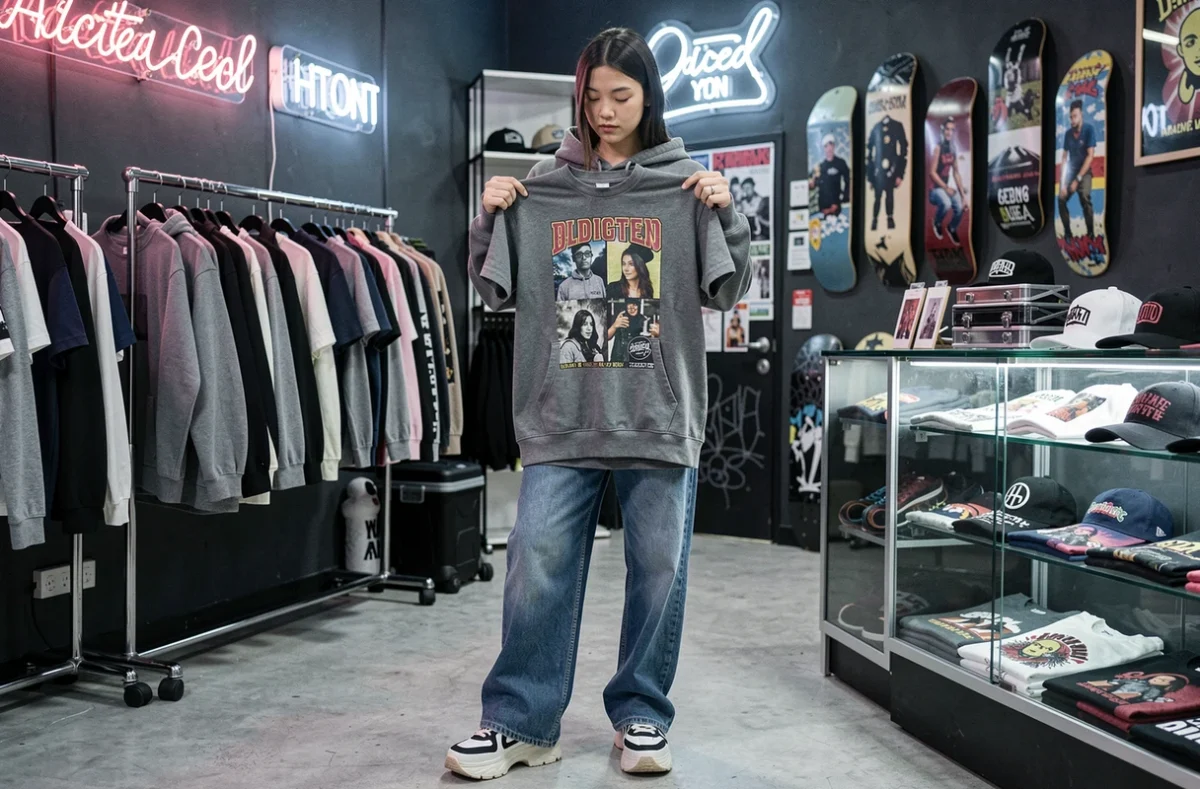 Jeune femme inspectant un tee-shirt graphique dans la boutique indépendante streetwear Addicted à Lyon