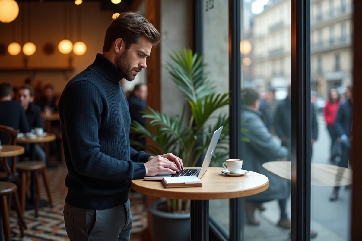 Jeune homme gérant un site fan francophone de Suki Waterhouse depuis un café parisien avec un laptop et des notes manuscrites