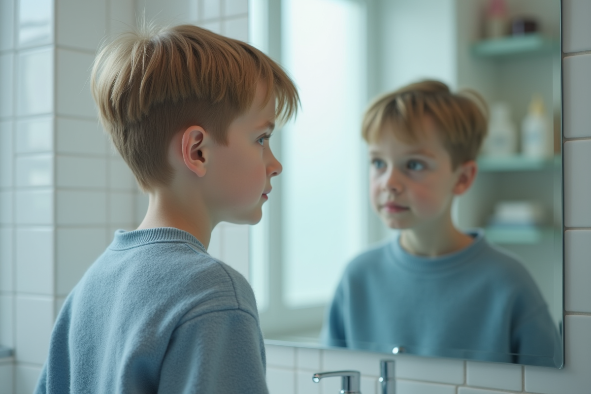 Adolescent regardant son reflet dans un miroir de salle de bain