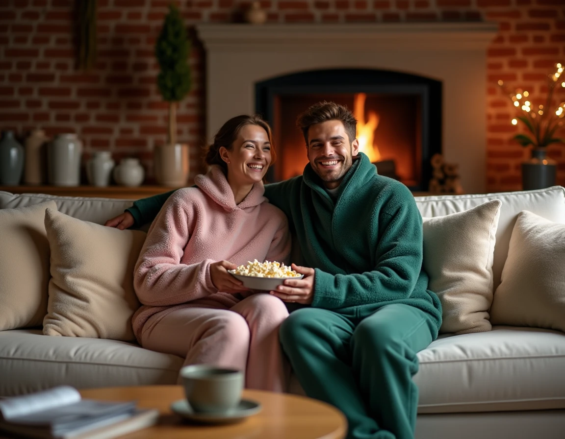 Deux amis portant des ensembles pilou pilou rose et vert installés sur un canapé devant une cheminée en hiver