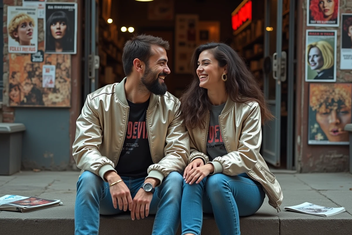 Deux amis en vestes métalliques discutant devant un magasin de disques