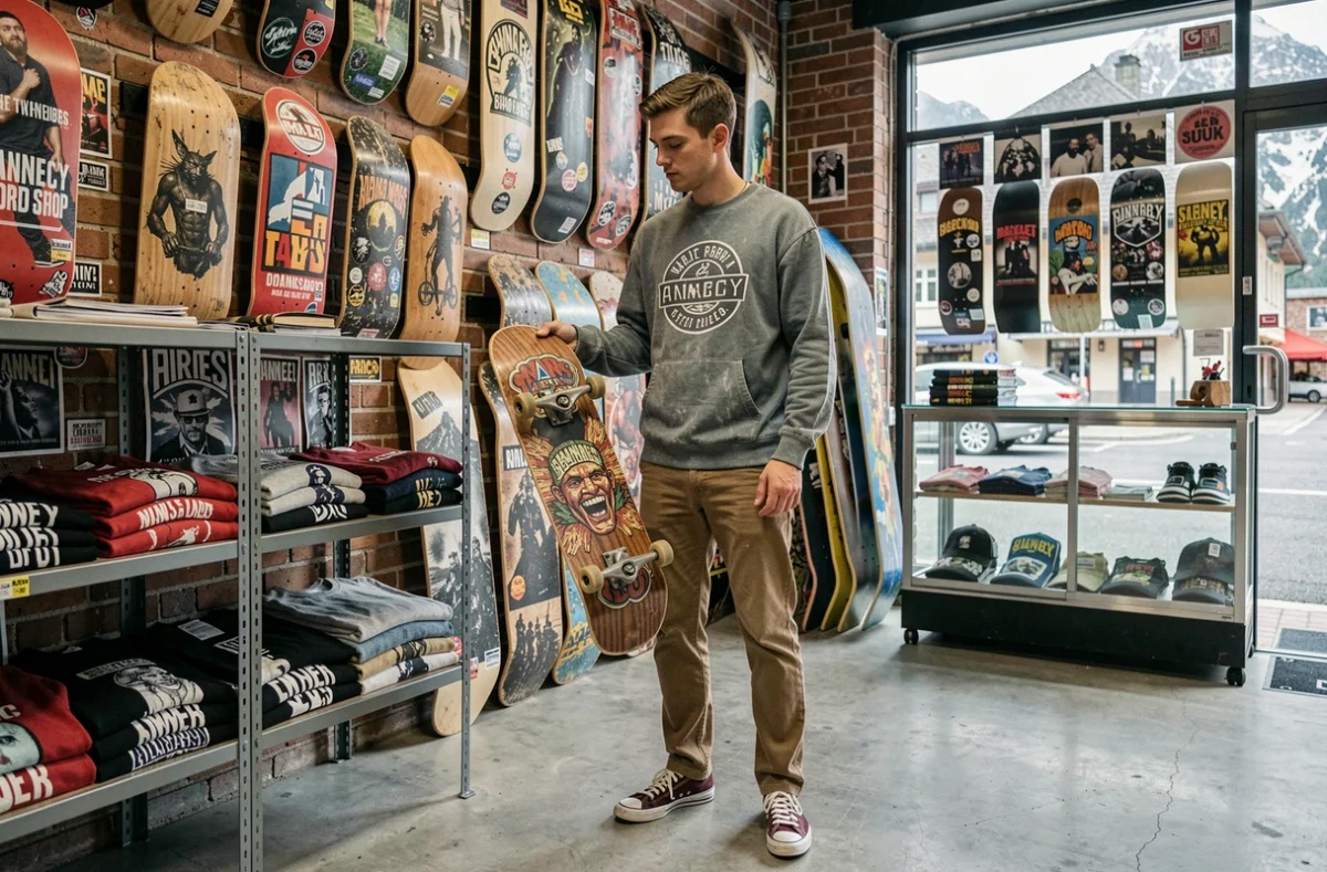 Jeune homme inspectant un skateboard graphique dans la boutique de skate et streetwear Annecy Board Shop