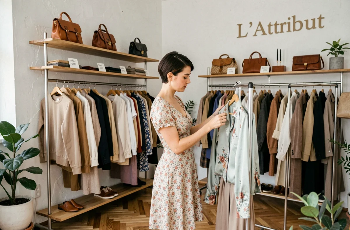 Boutique L'Attribut avec des vêtements vintage soigneusement sélectionnés sur des portants minimalistes en Essonne