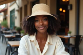 Femme aux cheveux bouclés afro portant un bob beige large bord qui ne les écrase pas, assise en terrasse de café