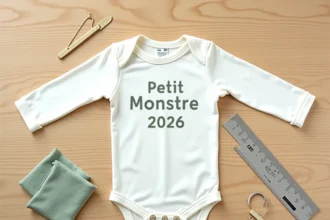 Body bébé personnalisable blanc avec broderie tendance 2026 en fil vert sauge, posé à plat sur bois naturel