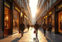 Rue de boutiques parisiennes élégantes avec shopping de luxe