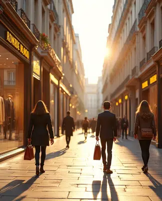 Rue de boutiques parisiennes élégantes avec shopping de luxe