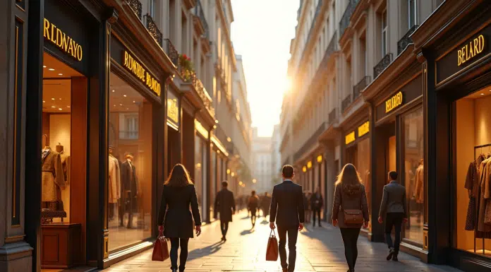 Rue de boutiques parisiennes élégantes avec shopping de luxe