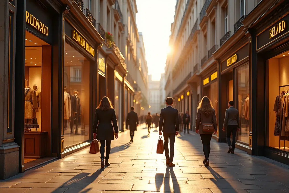 Rue de boutiques parisiennes élégantes avec shopping de luxe