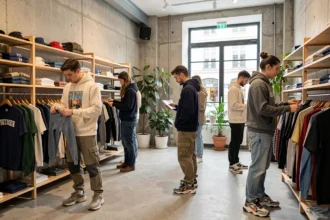 Jeunes adultes explorant des vêtements streetwear dans une boutique urbaine moderne en Auvergne-Rhône-Alpes