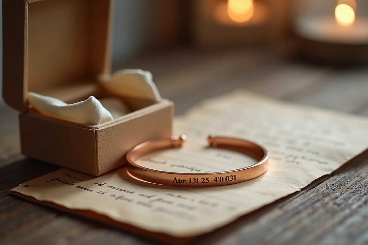 Bracelet en or rose gravé d'une date posé sur bois rustique avec boîte à bijoux ouverte et note manuscrite, idée cadeau talisman bracelet d'amour pour couple