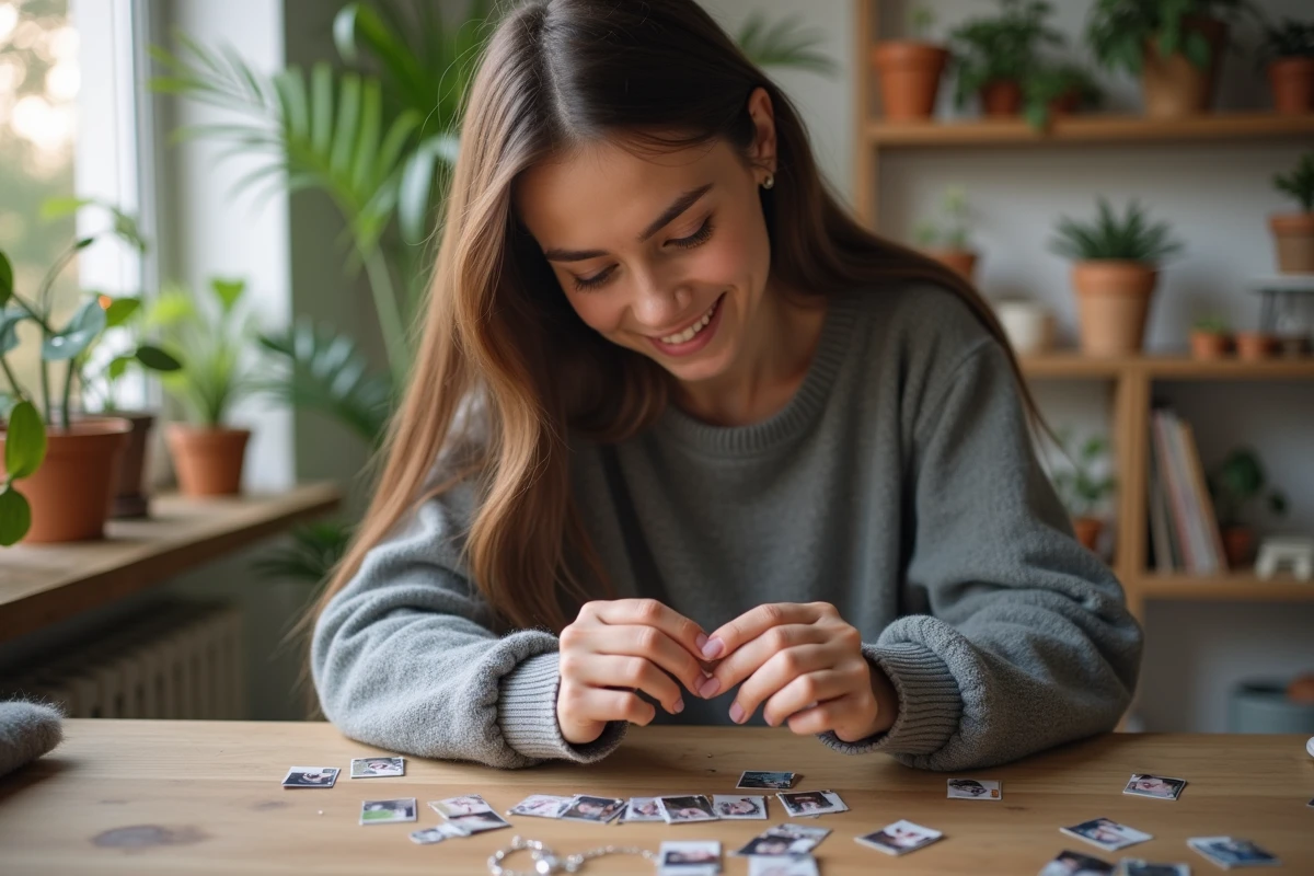 Jeune femme assemble un bracelet photo personnalisé dans un atelier lumineux