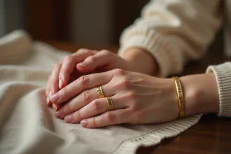 Deux mains enlacées portant des bracelets dorés gravés avec une date et un prénom, posées sur un tissu en lin, symbole de bracelet d'amour de couple