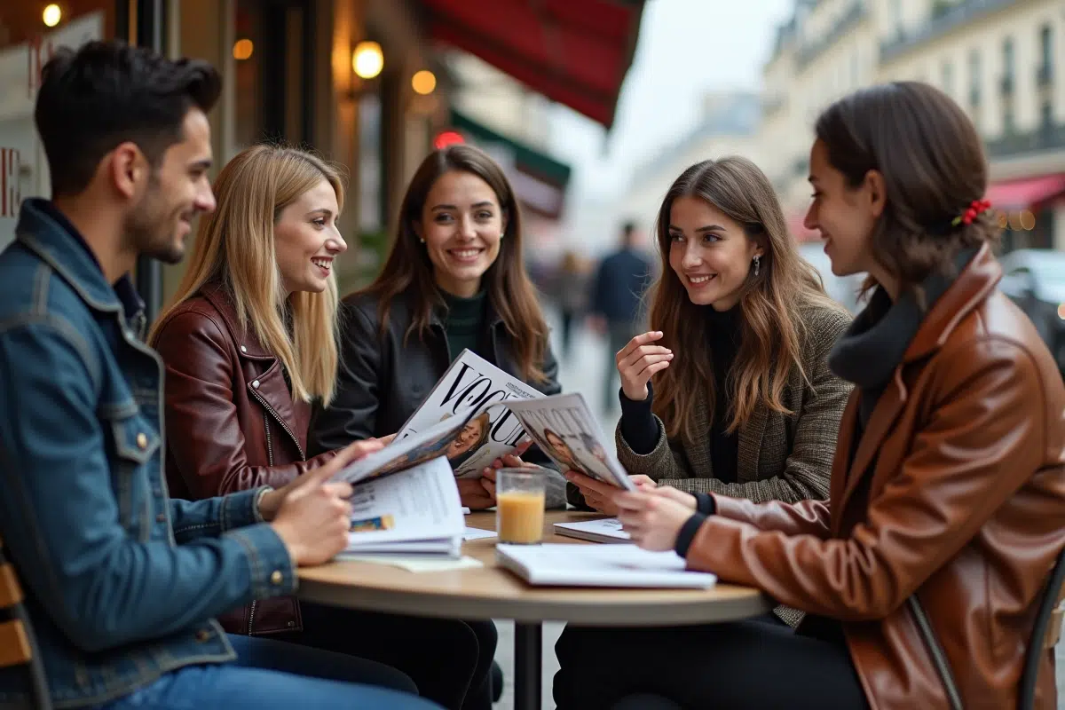 Groupe de jeunes discutant autour de magazines Vogue à Paris