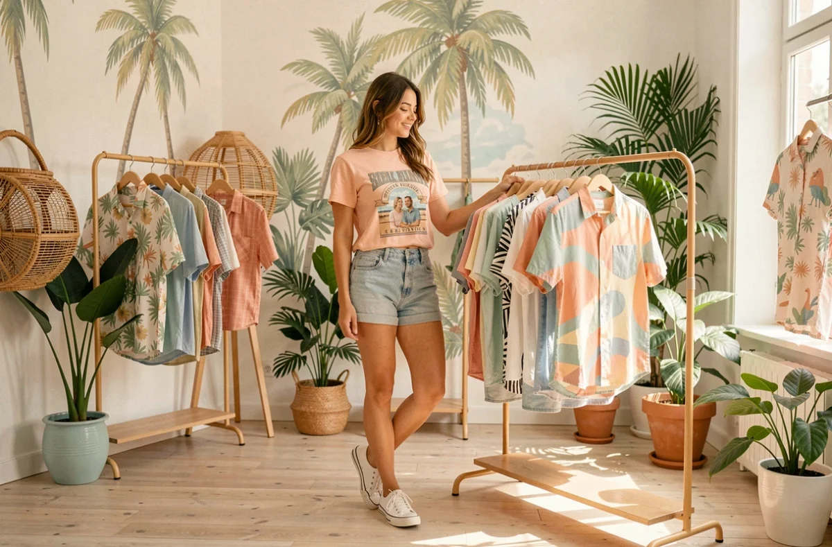 Jeune femme parcourant des chemises décontractées dans la boutique à l'ambiance californienne Californie Française à Clermont-Ferrand