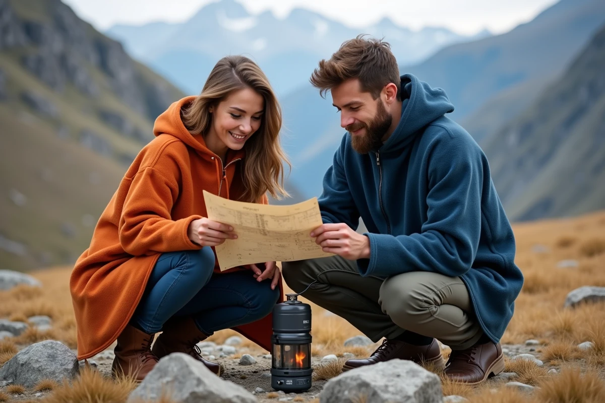 Deux campeurs en ponchos polaires colorés autour d'un réchaud de camping en montagne consultant une carte
