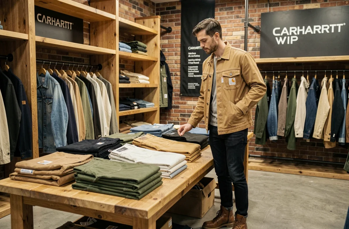 Homme parcourant des vêtements en toile canvas dans la boutique Carhartt WIP de Lyon