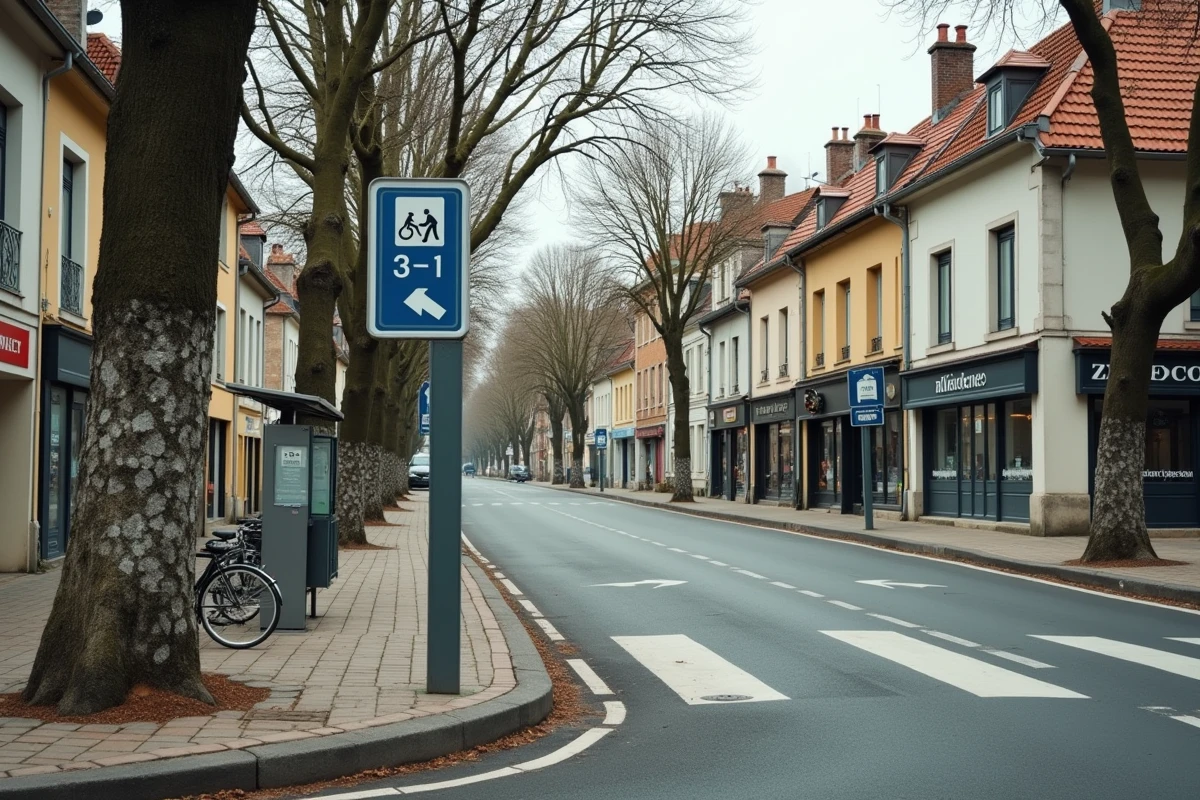 Carrefour urbain avec panneaux de signalisation et arrêt de bus au centre-ville de Givors