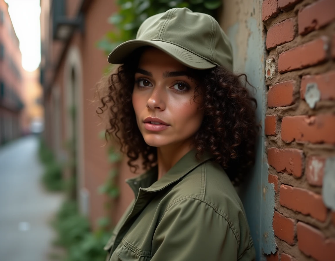 Femme aux boucles brunes volumineuses portant une casquette snapback olive ajustée haute pour préserver le volume des cheveux