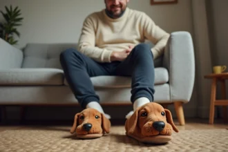 Homme assis sur un canapé gris enfilant des chaussons teckel à motif chien brodé, ambiance cosy nordique