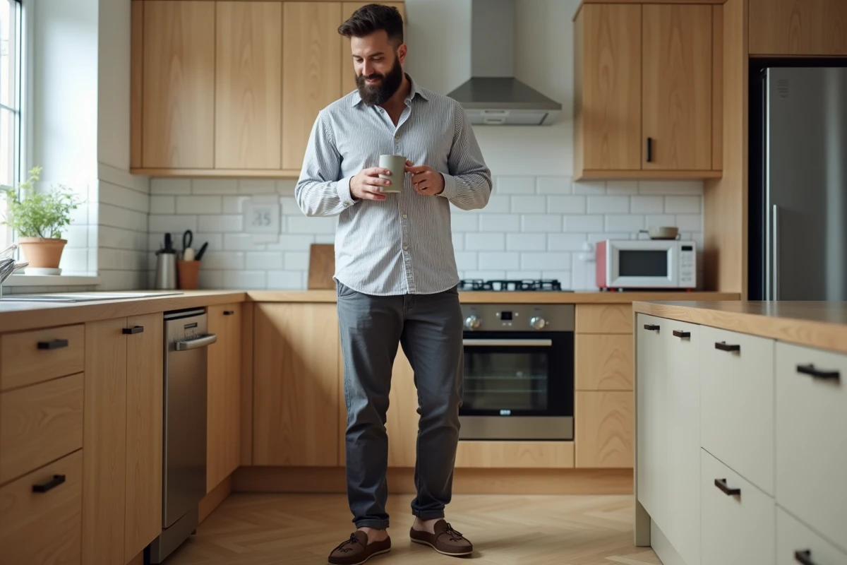 Homme barbu en cuisine moderne portant des chaussons discrets à motif teckel minimaliste avec une tasse de café