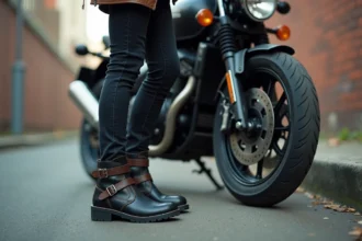Femme passagère moto portant des chaussures de protection renforcées en cuir avec boucles métalliques, debout près d'une moto en milieu urbain