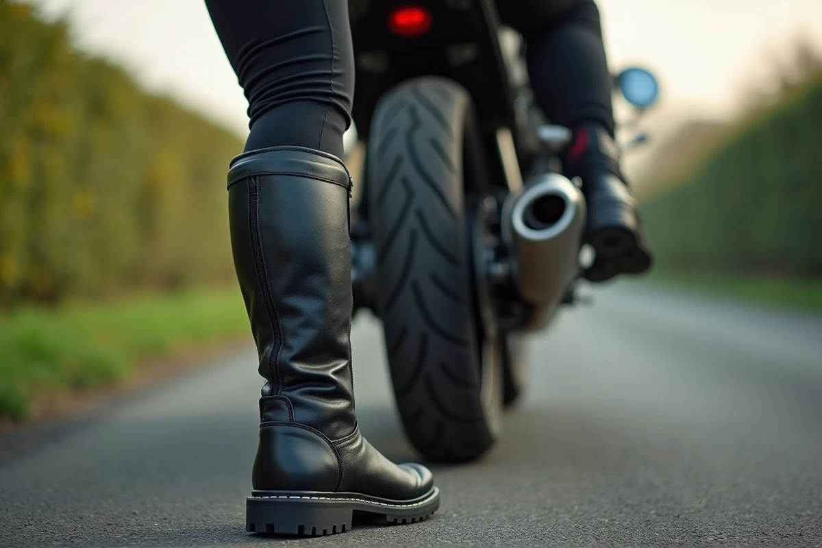 Gros plan sur des chaussures moto femme certifiées avec renforts aux chevilles et embouts rigides, portées par une passagère sur route de campagne