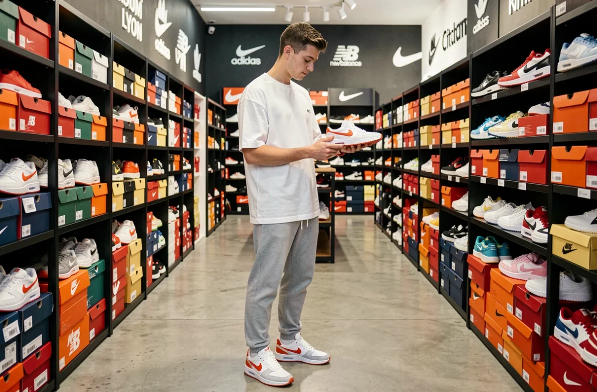 Jeune homme examinant des sneakers dans un grand magasin streetwear multi-marques style Citadium à Lyon