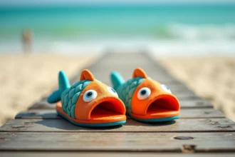 Paire de claquettes en forme de poisson colorées posées sur une promenade en bois au bord de la plage