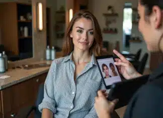 Femme en salon regardant un tableau de coiffures