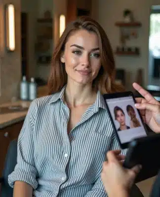 Femme en salon regardant un tableau de coiffures
