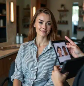 Femme en salon regardant un tableau de coiffures