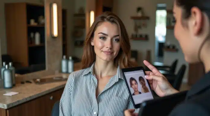 Coupe de cheveux : comment savoir si elle nous va ? Trouver la coupe parfaite Femme en salon regardant un tableau de coiffures