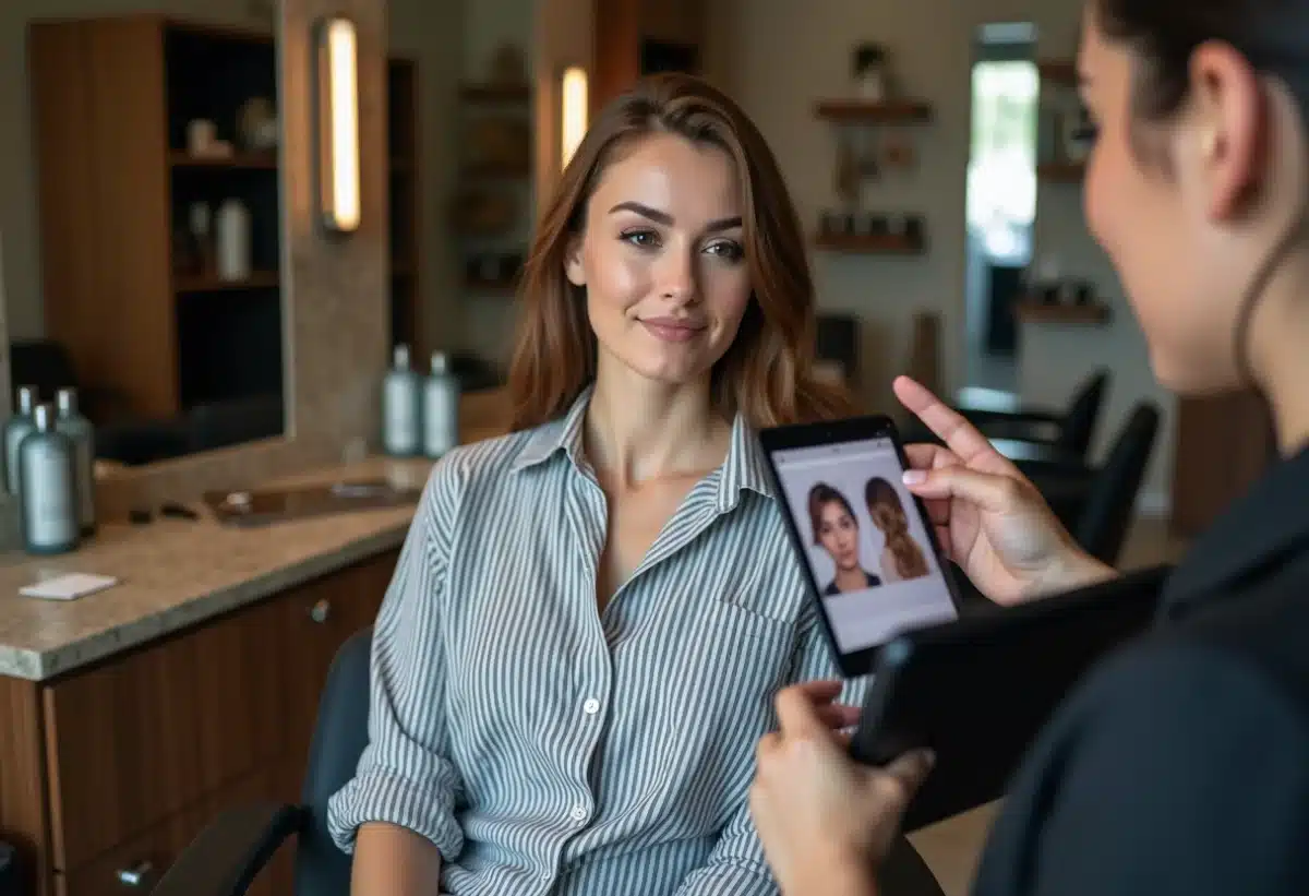 Femme en salon regardant un tableau de coiffures