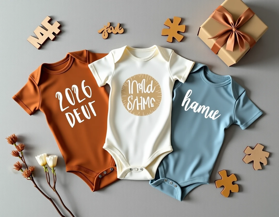 Trois bodies bébé personnalisés avec messages tendance 2026 en palette terracotta, moutarde et bleu poudré, posés en flat lay