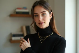 Femme portant un collier choker doré associé à des boucles d'oreilles créoles et un bracelet fin empilé