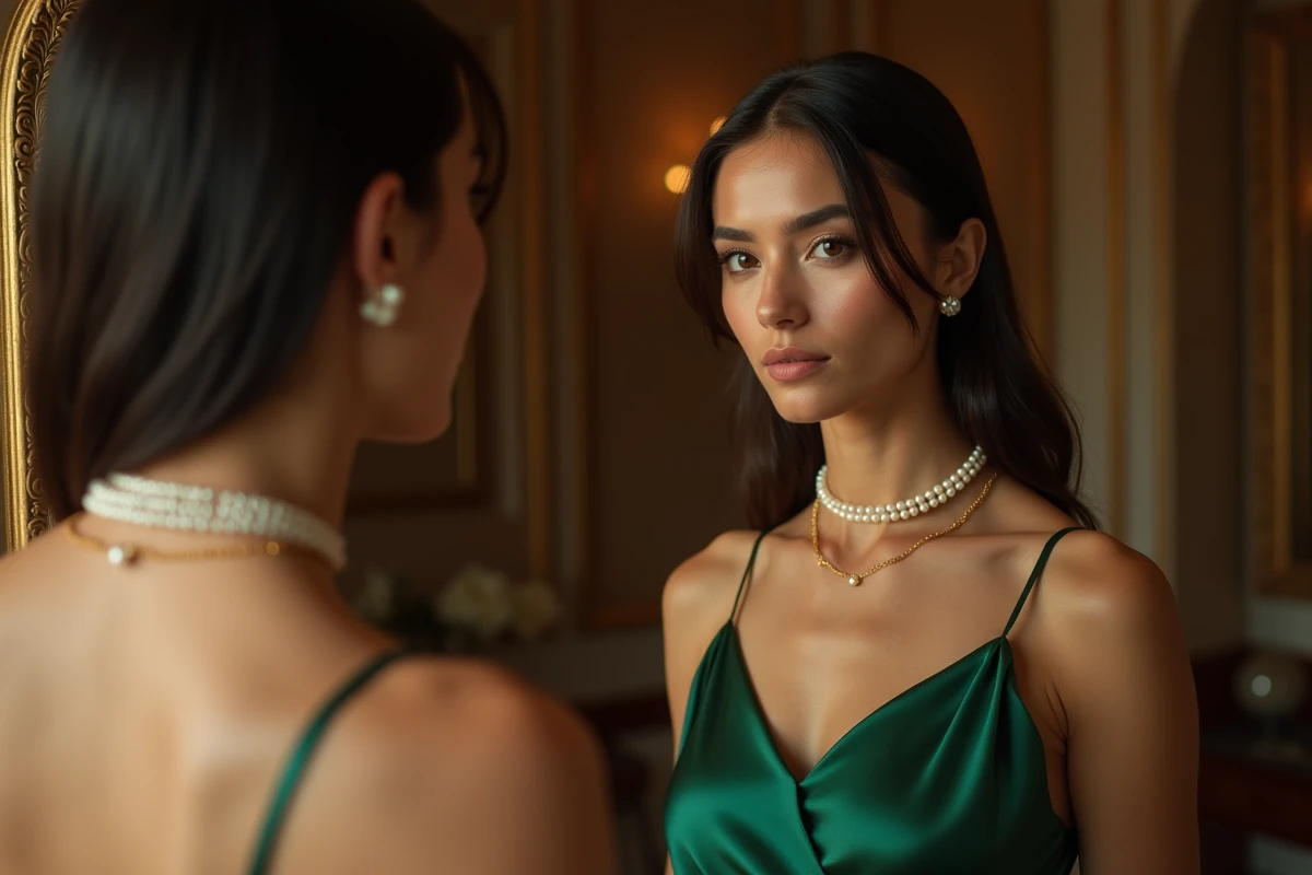 Femme en robe satin portant un choker perles associé à des boucles d'oreilles perles et un bracelet chaîne or