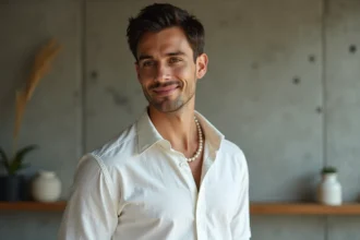 Homme portant un collier en perle naturelle avec une chemise en lin blanc dans un appartement moderne minimaliste