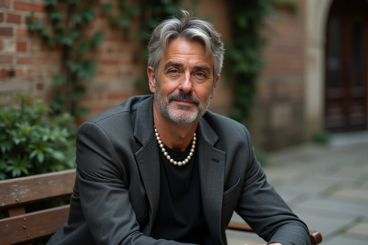 Homme mature avec collier en perles baroques et blazer gris dans une cour en pierre urbaine européenne