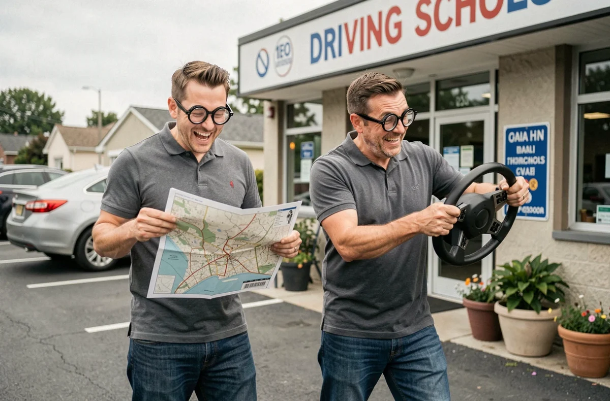 Deux comédiens portant des lunettes cul de bouteille devant une auto-école pour un sketch humoristique