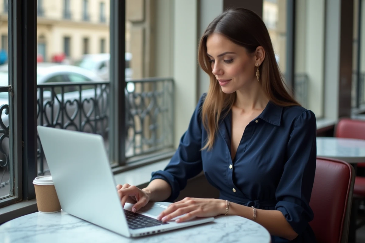 Femme élégante commandant des vêtements en ligne sur un ordinateur portable dans un café parisien typique