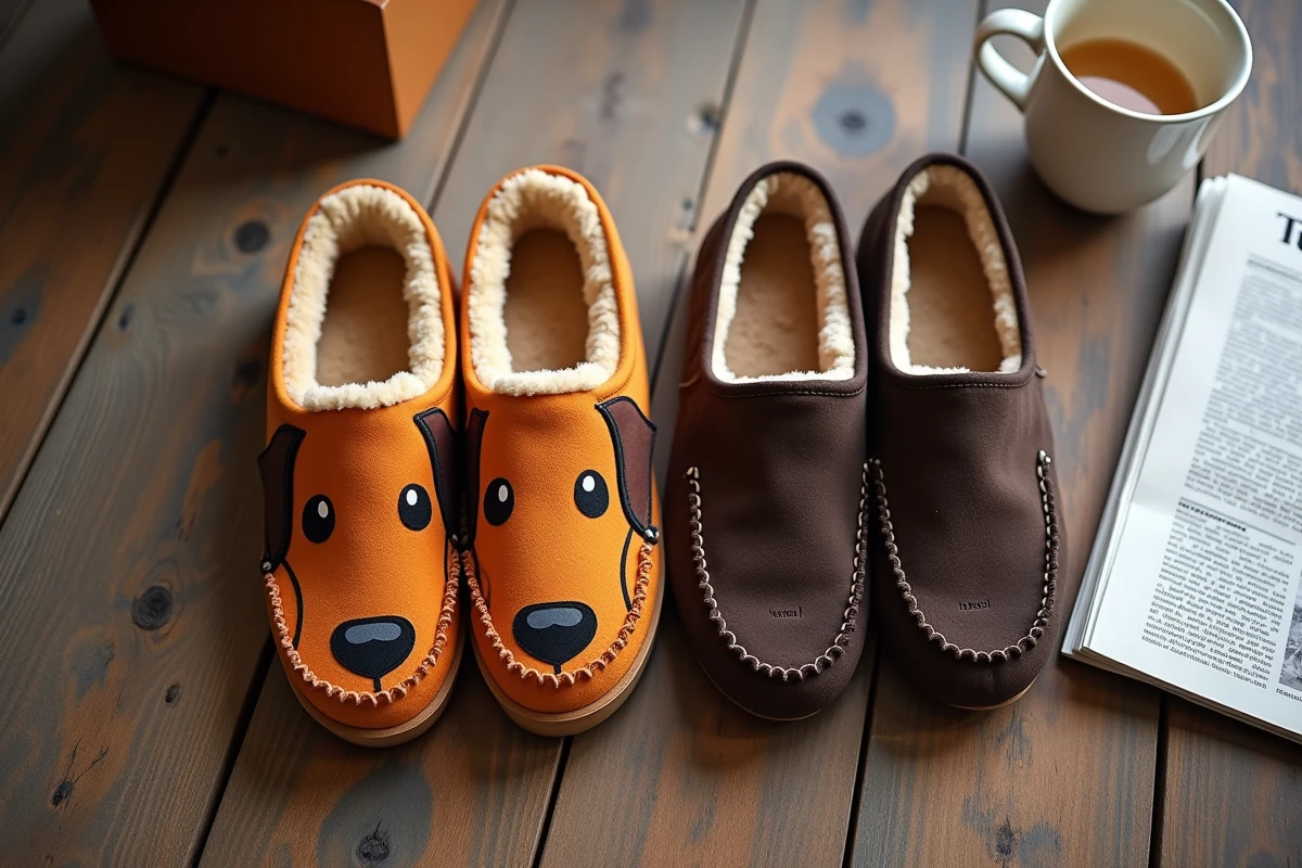 Comparaison de deux styles de chaussons teckel homme, modèle fun coloré et modèle discret en daim sombre, posés sur parquet