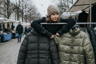 Femme comparant deux doudounes sur un marché urbain, l'une premium et l'autre entrée de gamme, gros plan sur les textures et coutures