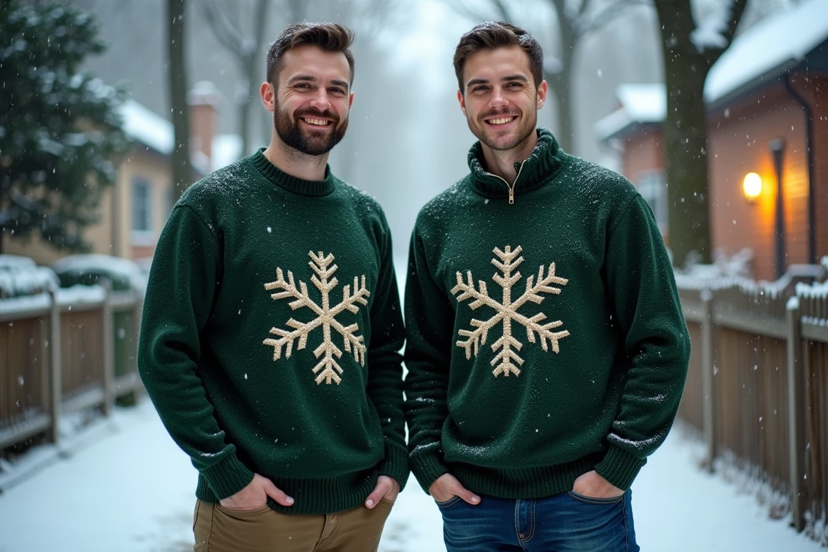 Comparaison d'un pull de Noël imprimé et d'un pull de Noël brodé portés par deux hommes sous la neige
