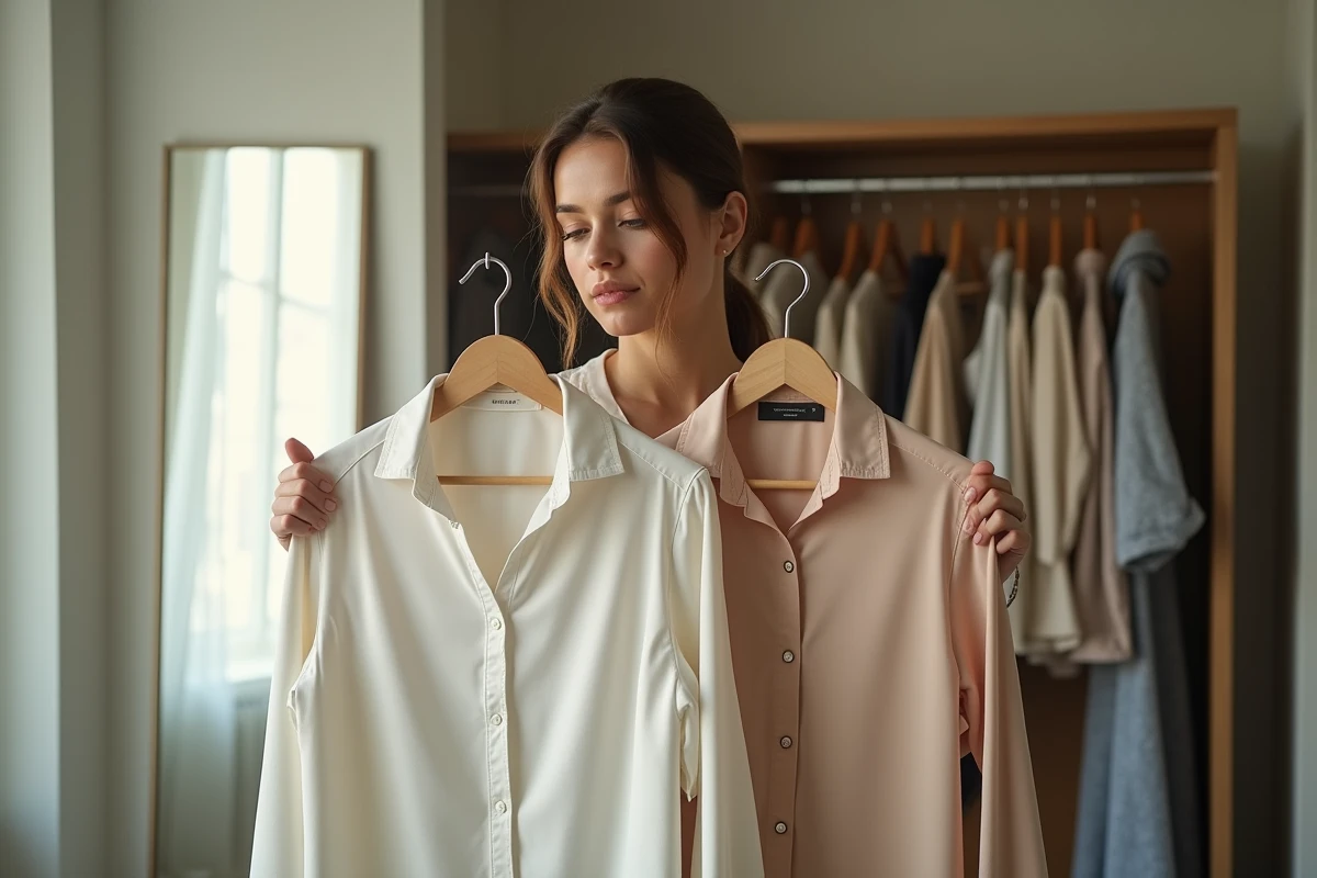 Comparaison de deux chemisiers de qualités différentes tenues côte à côte par une femme devant un dressing, mise en évidence des finitions