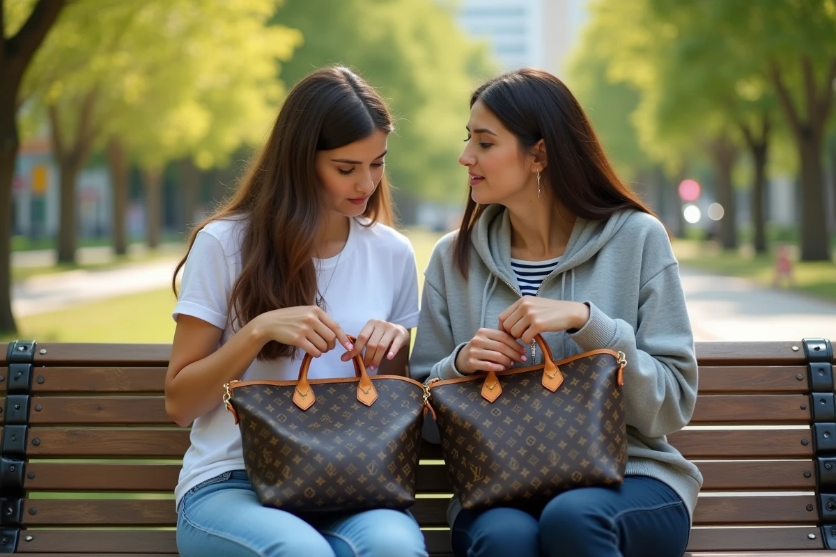 Deux femmes comparant deux sacs à main monogramme pour identifier les différences entre un modèle authentique et une contrefaçon