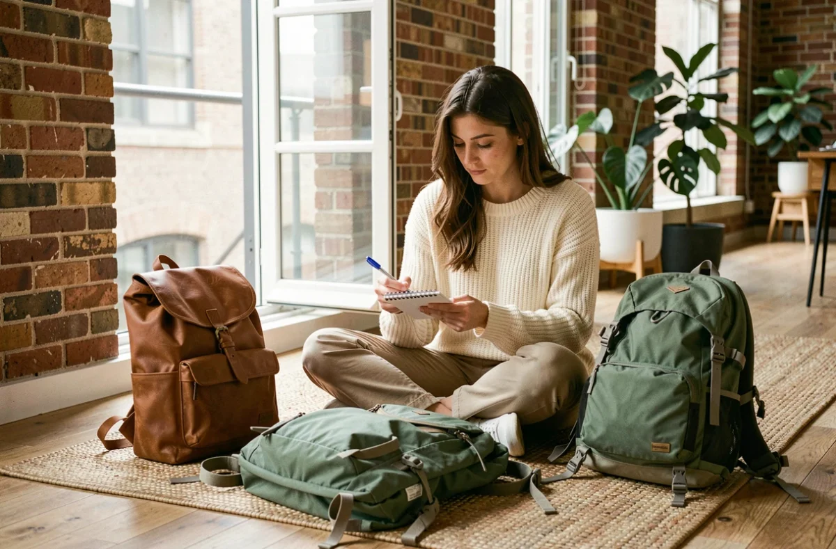 Femme comparant plusieurs sacs à dos posés sur le sol d'un appartement moderne