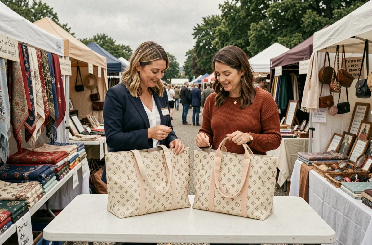 Deux femmes comparant deux sacs monogramme similaires sur un marché vintage pour détecter un faux