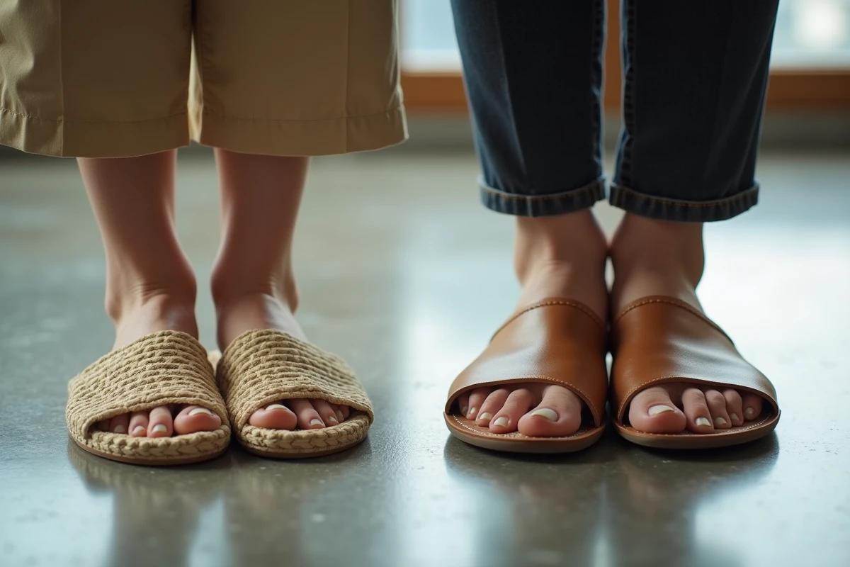 Comparaison en gros plan d'une sandale japonaise traditionnelle en paille et d'une sandale moderne en cuir camel sur sol béton