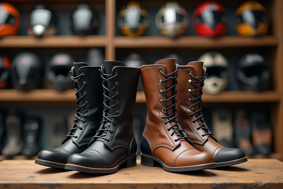 Deux paires de chaussures moto pour femmes en cuir avec protections homologuées présentées sur un établi en bois dans une boutique d'équipements moto